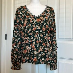 New Flower & Feather Top Women XL XLarge Black Floral Long‎ Sleeve Blouse Career